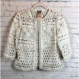 CHICO'S TRAVELERS white silver mesh 3/4 sleeve cardigan blazer 0P (SP) NWOT